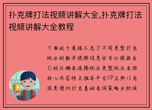 扑克牌打法视频讲解大全,扑克牌打法视频讲解大全教程